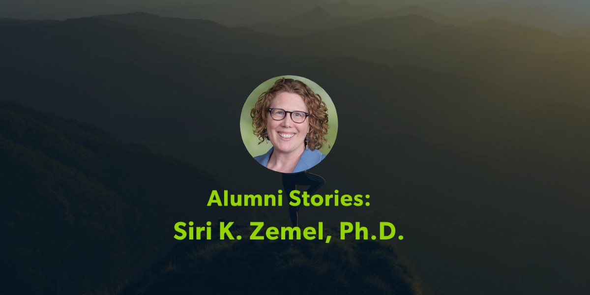 Dr. Siri K. Zemel smiles at the camera in photograph inset on a banner displaying their name.