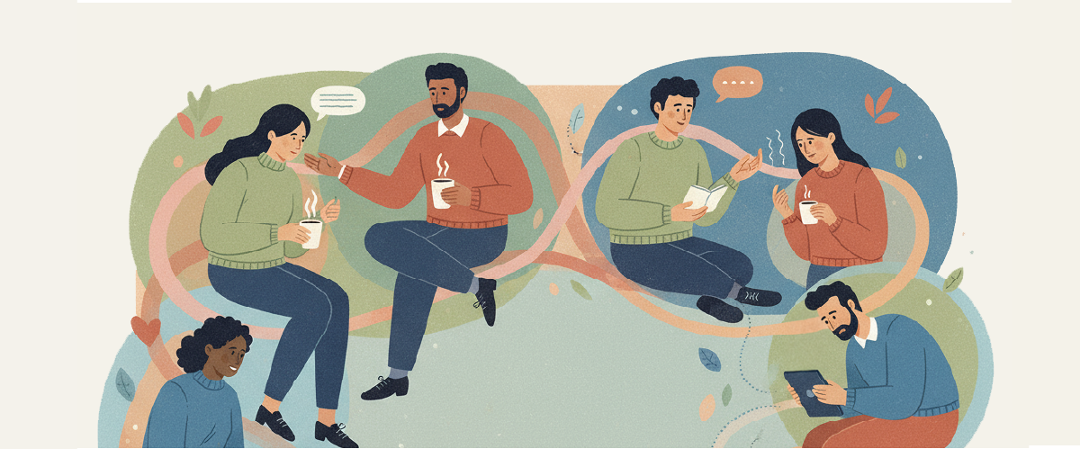 Illustration of six people sitting in a circle talking to each other.