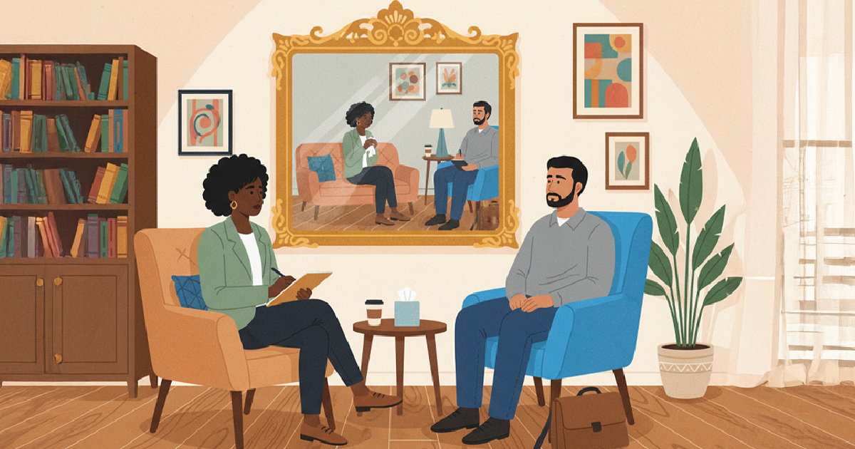 Females therapist in a chair talking to male client in a char.