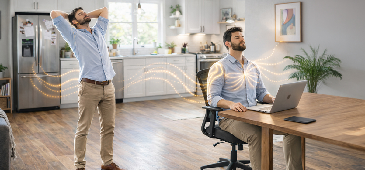 A breaded man shown seated and standing with energy waves passing through him.